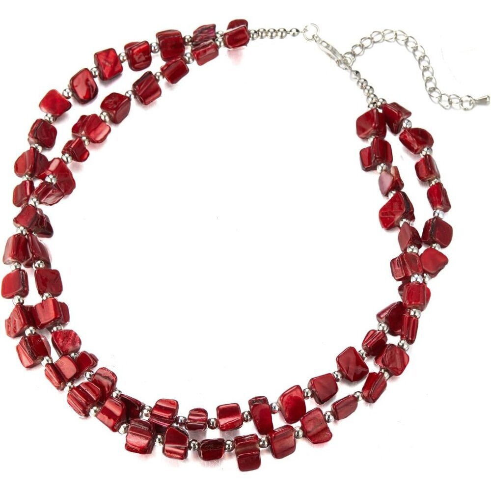 Elegant Dark Red Beaded Choker Necklace with Natural Shells - Artisan Crafted